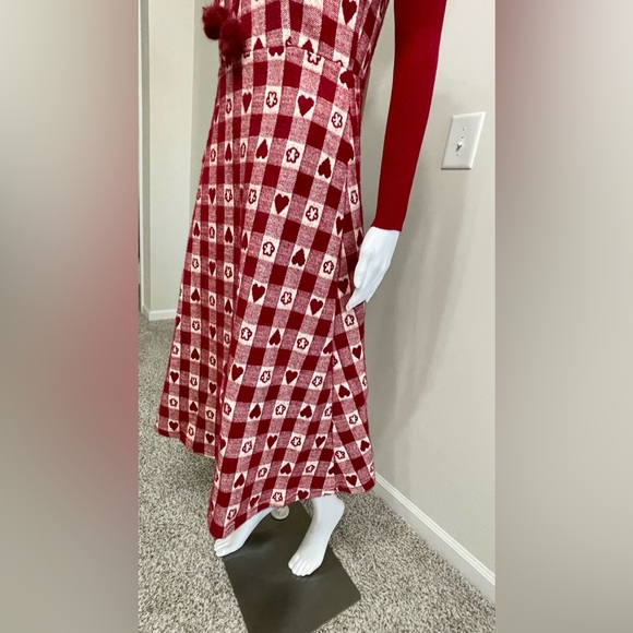White & Red Checkered Heart Pattern Pom-Pom Front Tie Wool Blend Midi Dress M/L - Picture 10 of 13